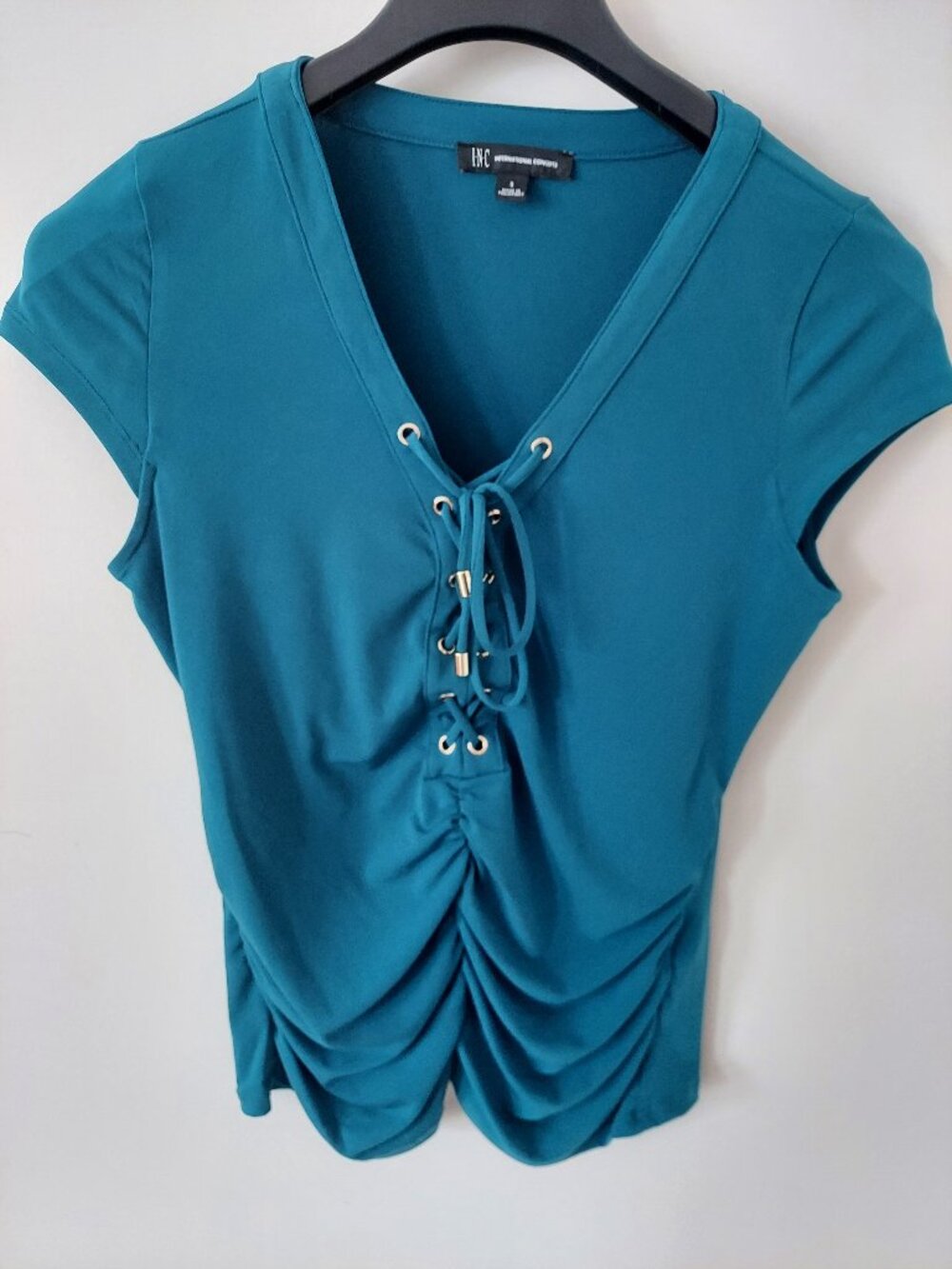 INC International Concepts Lace-up Teal Tie Top Size S Polyester/Spandex